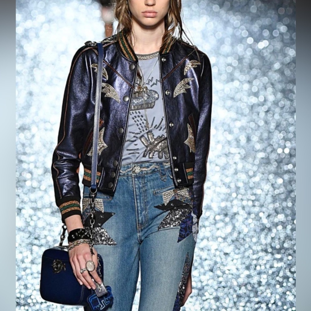 Coach Shrunken Leather Varsity Jacket In Metallic Cadet Blue I Size 2 - Picture 3 of 16